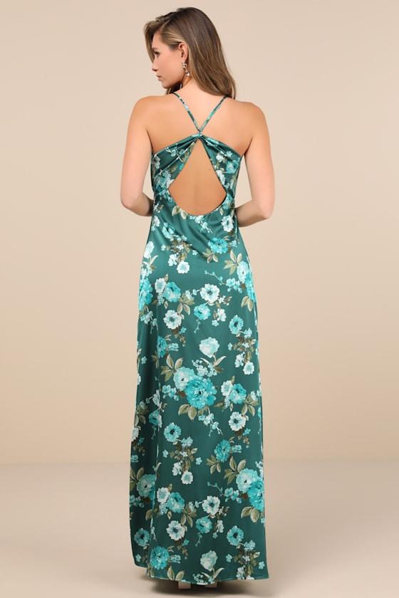 Wondrous Allure Green Floral Satin Backless Maxi Dress Product Image