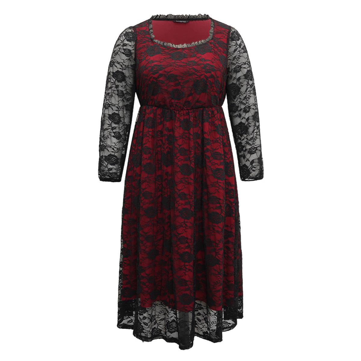 Plus Size Halloween Rose Crochet Lace Mesh Square Neck Dress Black Women Casual See through Square Neck Long Sleeve Curvy Midi Dress BloomChic 18-20/2X Product Image