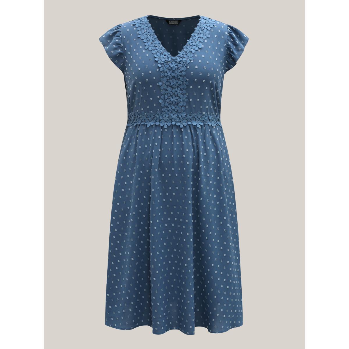 Plus Size Lace Textured Spliced Pockets Midi Dress Mediumblue Women Office Woven ribbon&lace trim V-neck Cap Sleeve Curvy BloomChic 22-24/3X Product Image