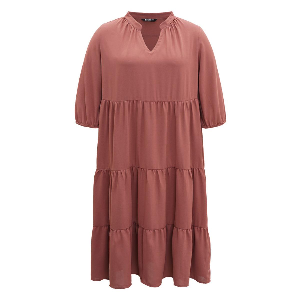 Plus Size Solid Notched Lantern Sleeve Layered Hem Dress Salmon Women Casual Elastic cuffs Notched collar Elbow-length sleeve Curvy Midi Dress BloomChic 14-16/1X Product Image