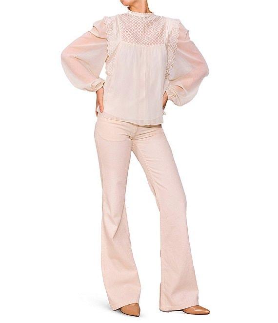 MELLODAY Lace Inset Mock Neck Puff Sleeve Blouse Product Image