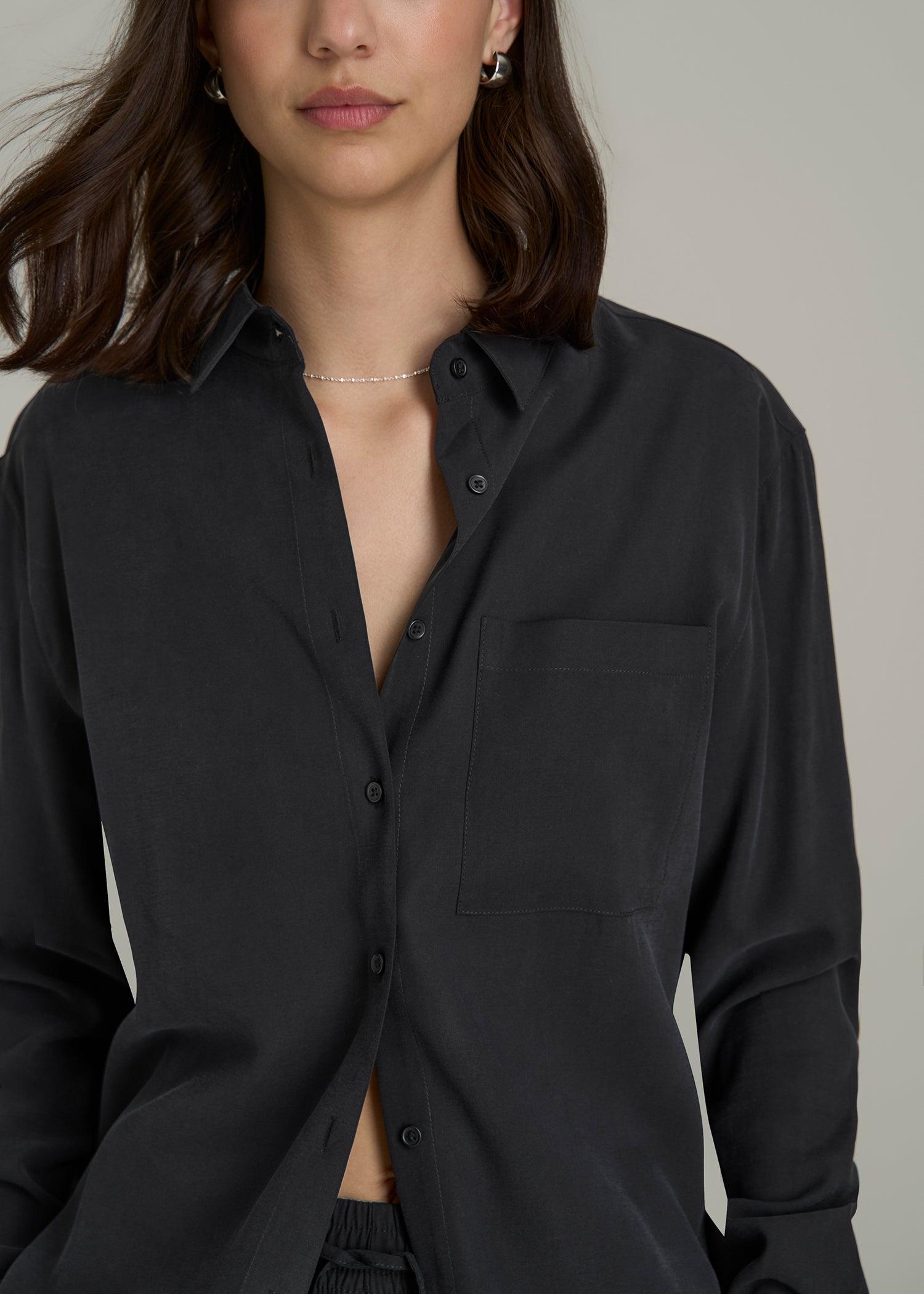 Relaxed Button-Up Single-Pocket Blouse for Tall Women in Vintage Black Female Product Image