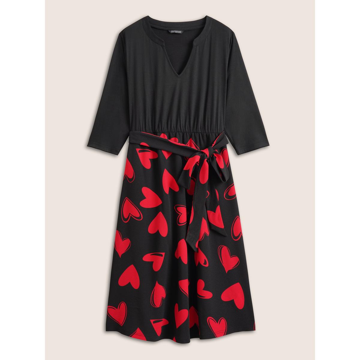 Plus Size Heart Print Notched Belted Patchwork Dress Black Women Elegant Non Notched collar Elbow-length sleeve Curvy Midi Dress BloomChic 28/5X Product Image