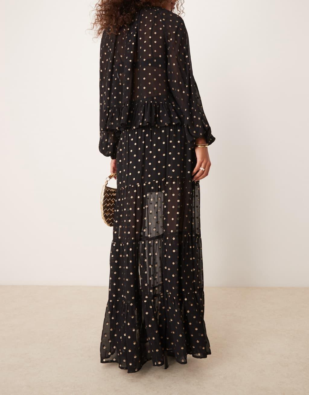 ASOS DESIGN Curve metallic dot maxi skirt in black & gold Product Image