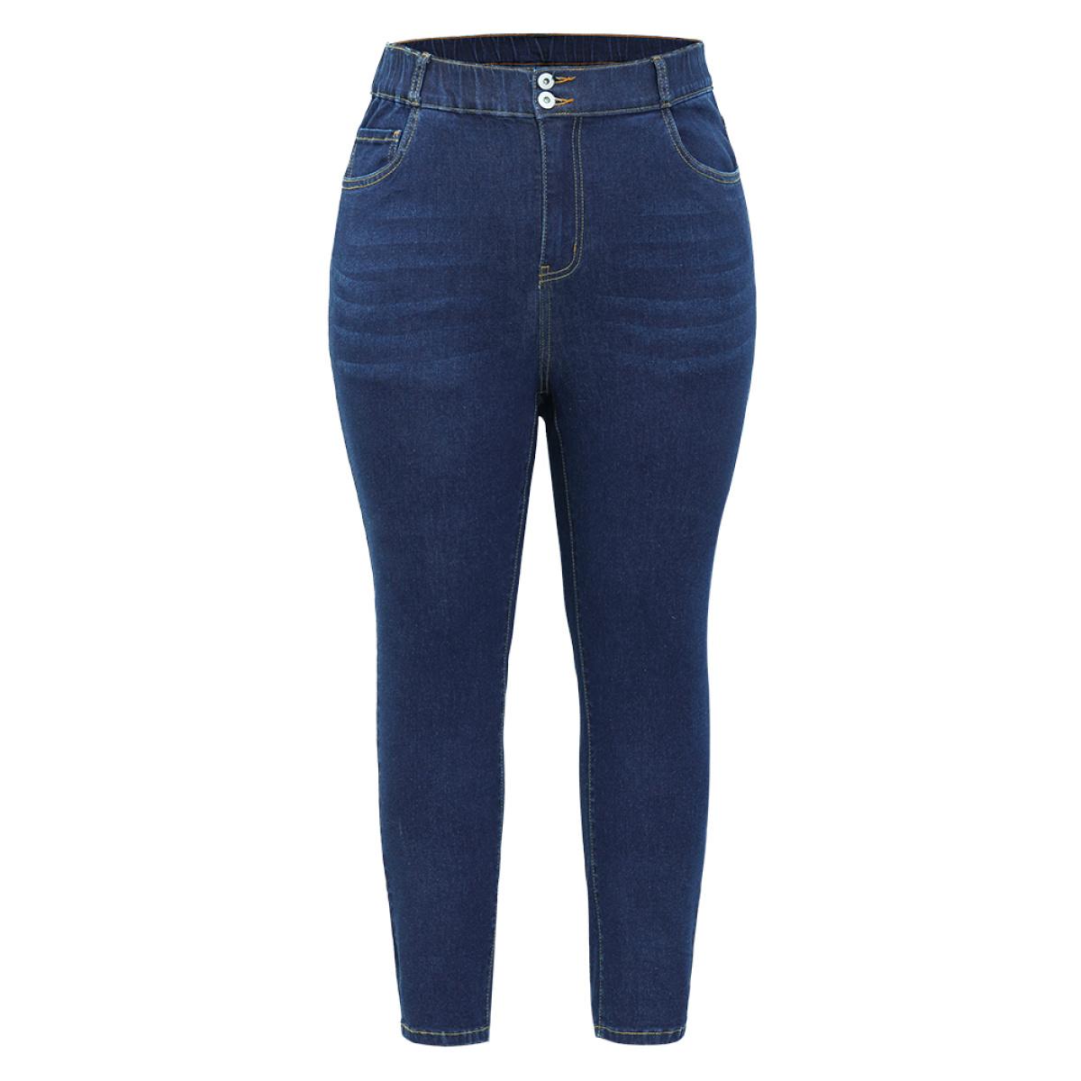 Plus Size Skinny Very Stretchy High Rise Dark Wash Elastic Waist Jeans Women DarkBlue Casual Plain High stretch Pocket Jeans BloomChic 30/6X Product Image