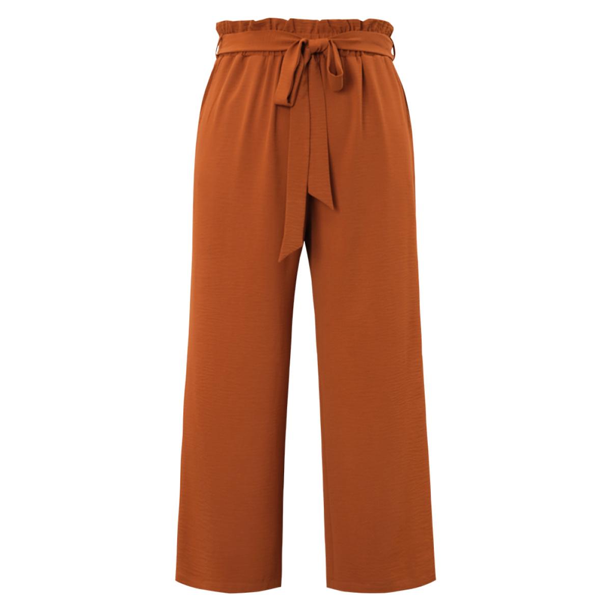 Plus Size Plain Paperbag Waist Wide Leg Belted Pocket Pants Women Rust Casual Mid Rise Dailywear Pants BloomChic 14-16/1X Product Image