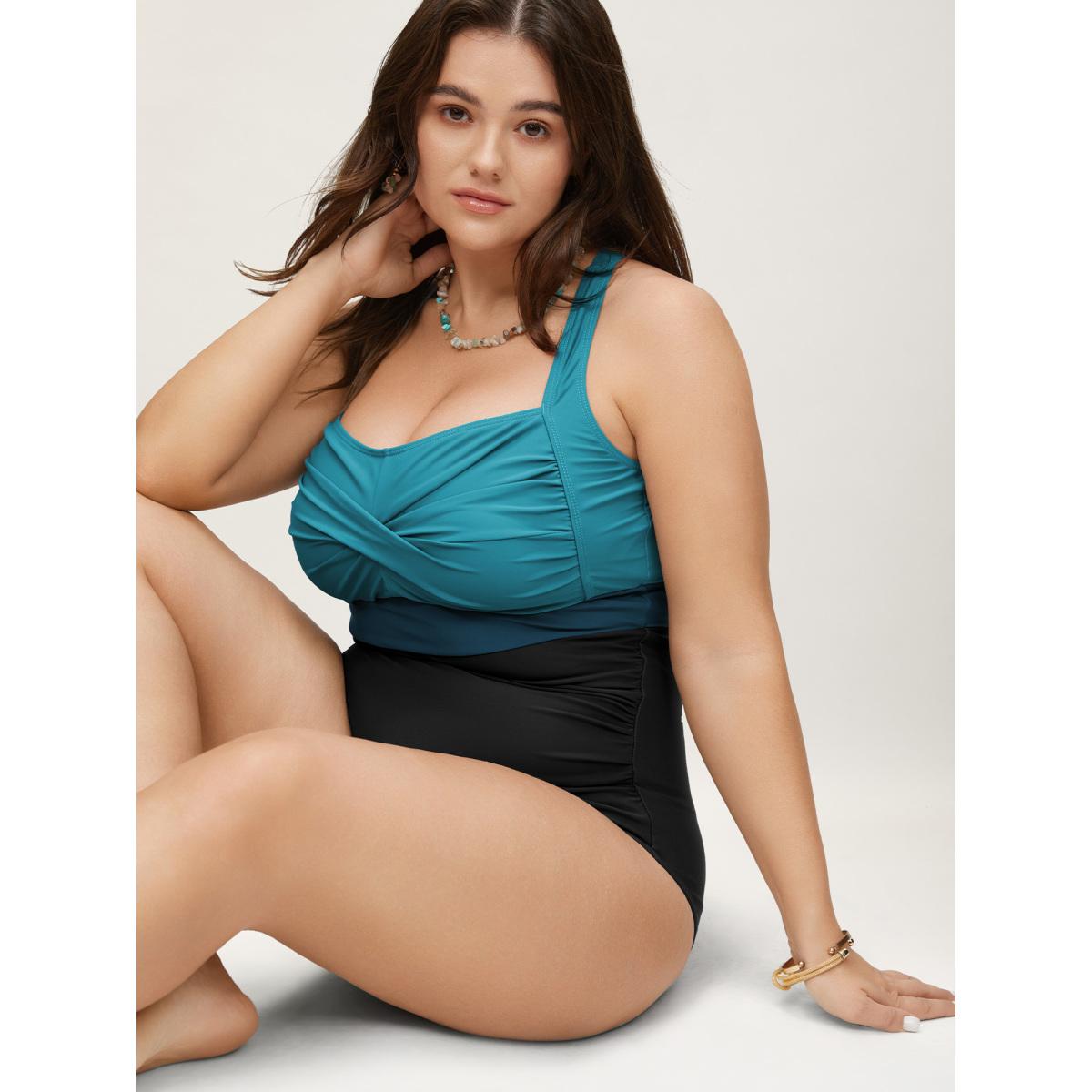 Plus Size Contrast Twist Front Tummy-Control One Piece Swimsuit Women's Swimwear Cyan Beach Non Curve Bathing Suits High stretch One Pieces BloomChic 22-24/3X Product Image