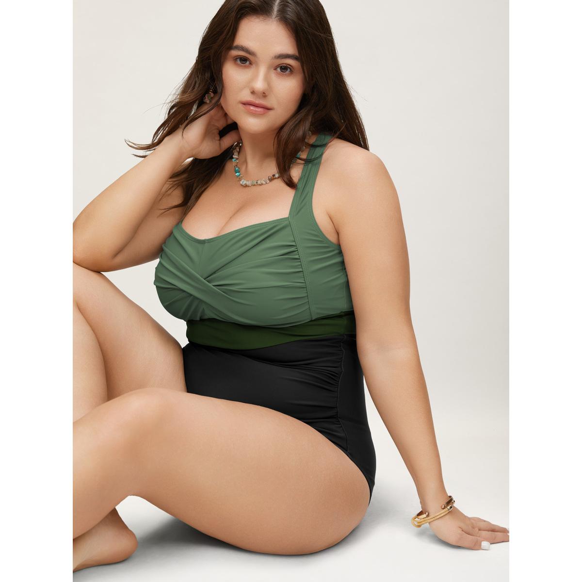 Plus Size Contrast Twist Front Tummy-Control One Piece Swimsuit Women's Swimwear ArmyGreen Resort Non Curve Bathing Suits High stretch One Pieces BloomChic 26/4X Product Image