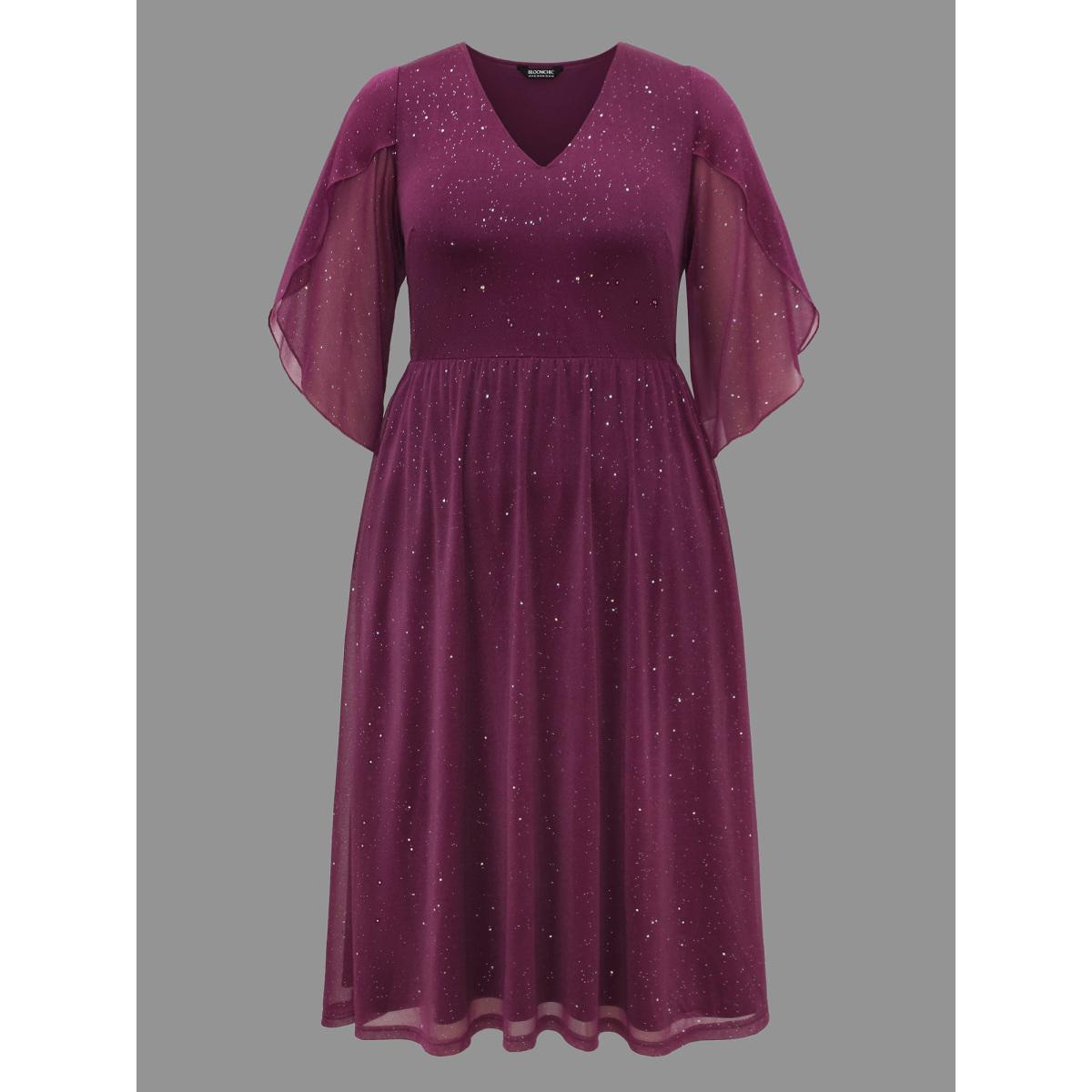 Plus Size Glitter Mesh Petal Sleeve Midi Dress Deeppurplered Women Party&Cocktail Texture Party Curvy Bloomchic 28/5X Product Image