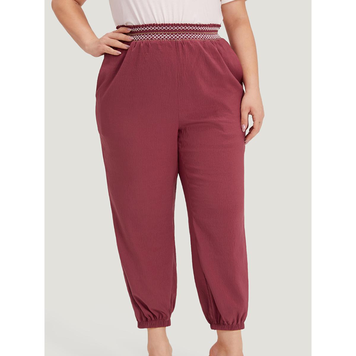 Plus Size Contrast Pocket Shirred Paperbag Waist Carrot Pants Women Burgundy Elegant High Rise Dailywear Pants BloomChic 14-16/1X Product Image