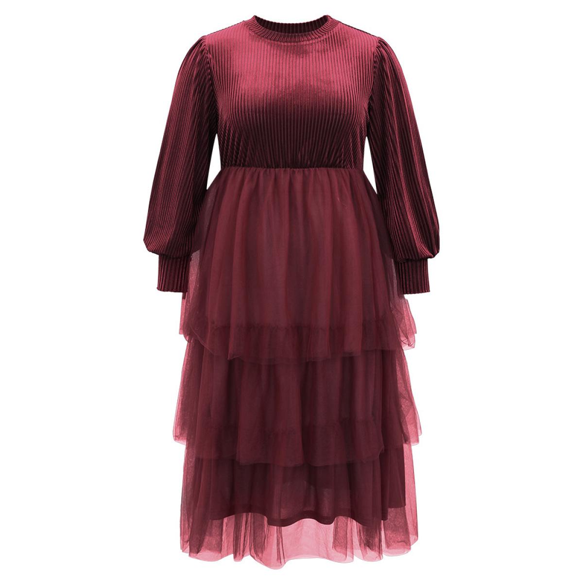Plus Size Velvet Patchwork Mesh Layered Hem Dress Burgundy Women Glamour Velvet Round Neck Long Sleeve Curvy Midi Dress BloomChic 26/4X Product Image