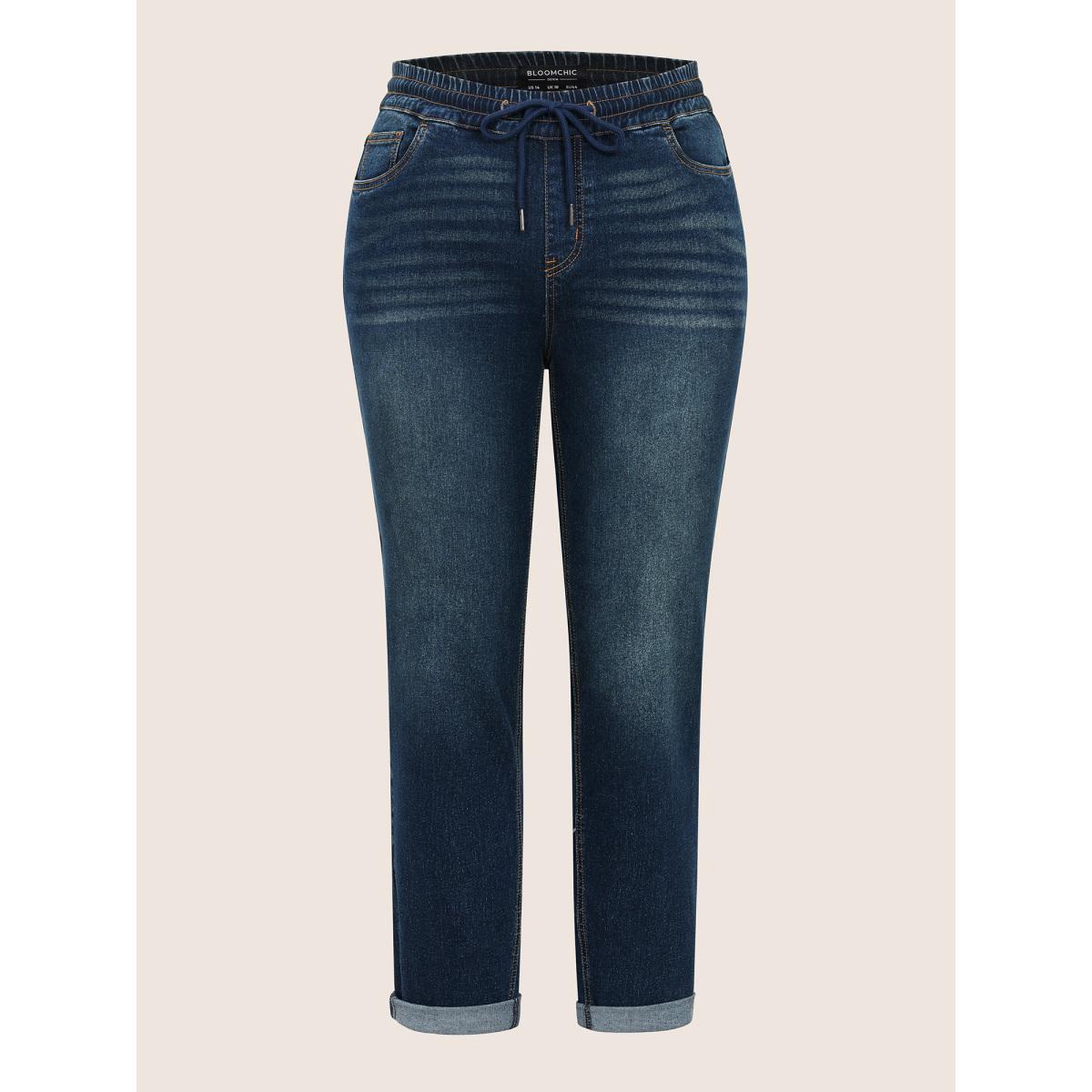 Plus Size Drawstring Elastic Waist Straight Leg Jeans Women Indigo Casual Plain Non High stretch Slanted pocket Jeans BloomChic 22/3X Product Image