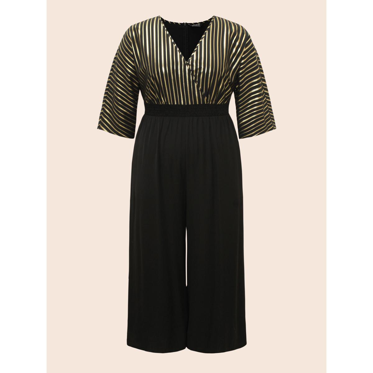Plus Size Black Glitter Striped Patchwork Shirred Jumpsuit Women Cocktail Elbow-length sleeve Overlap Collar Party Loose Jumpsuits BloomChic 22-24/3X Product Image