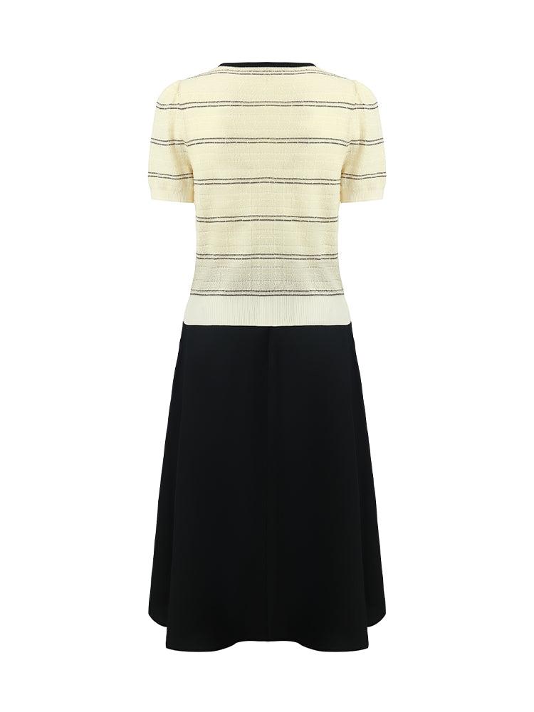 Contrast Trim Striped Knit Top And Half Skirt Two-Piece Set Product Image