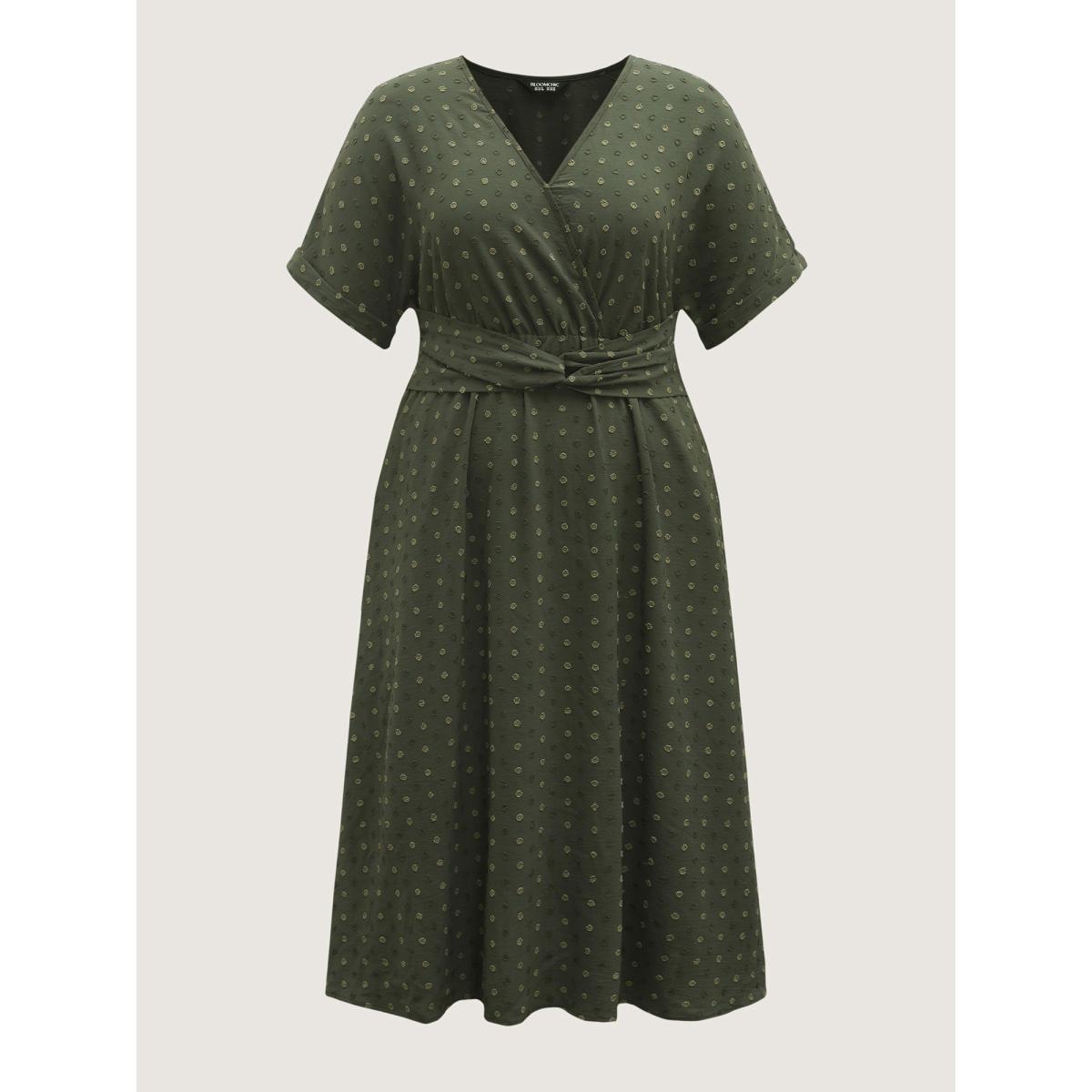 Plus Size Textured Pleated Twist Waist Midi Dress ArmyGreen Women Overlapping Overlap Collar Short sleeve Curvy BloomChic 22-24/3X Product Image
