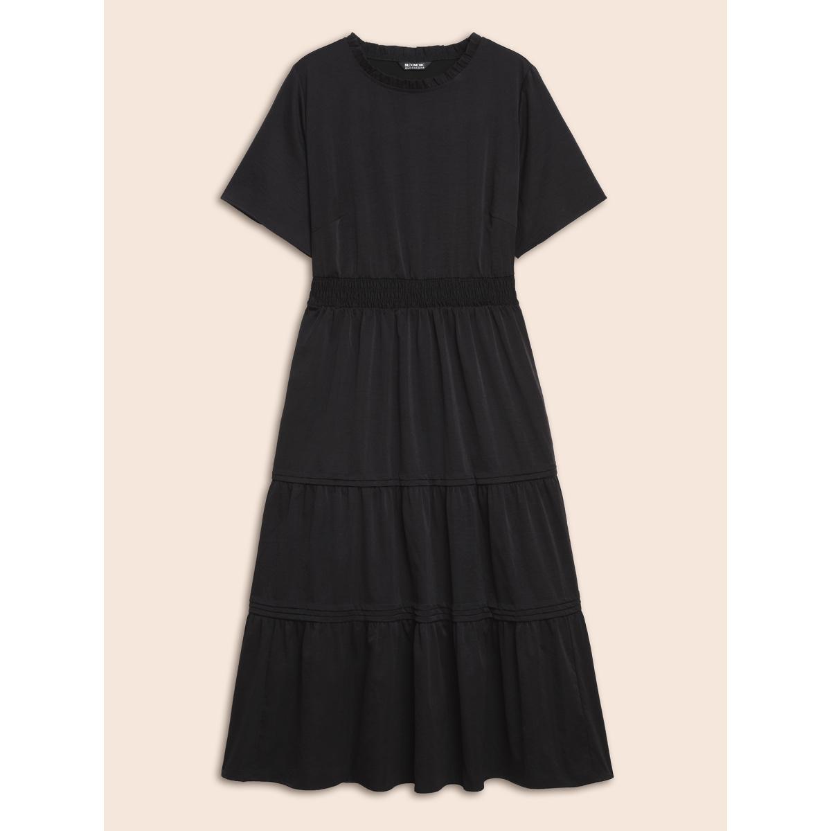 Plus Size Plain Frill Trim Ruffle Layered Hem Dress Black Women Timeless Tucked seam Mock Neck Short sleeve Curvy BloomChic 14-16/1X Product Image