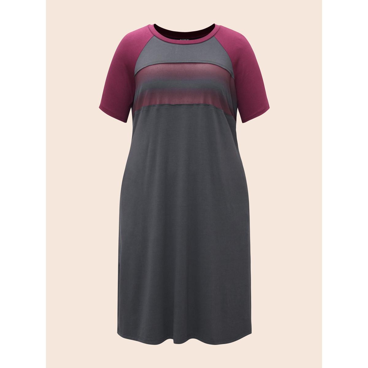 Plus Size Ombre Contrast Patchwork Split Hem Dress DimGray Women Casual Contrast Round Neck Short sleeve Curvy BloomChic 10/M Product Image