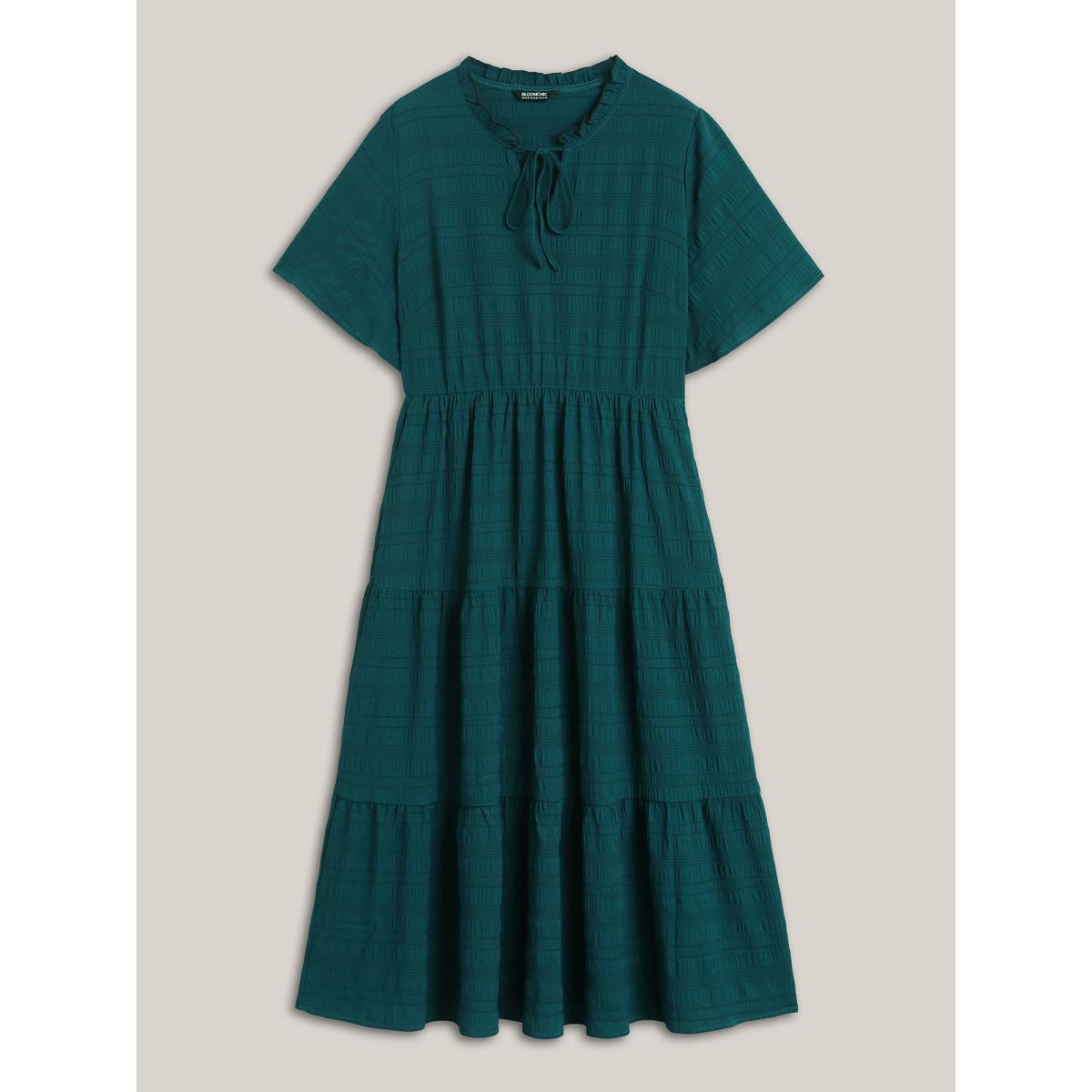 Plus Size Stretchy Waist Frill Trim Pockets Midi Dress Teal Women Timeless Tie knot Flat collar with V-notch Short sleeve Curvy BloomChic 18-20/2X Product Image