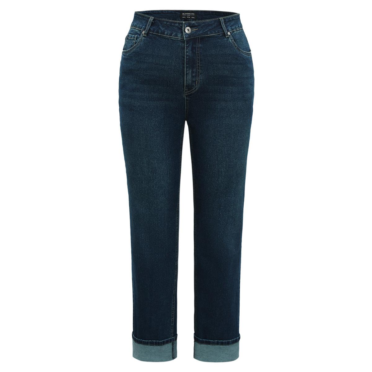Plus Size Straight Leg Pocket Roll Hem Jeans Women Indigo Casual Plain Plain High stretch Pocket Jeans BloomChic 14/1X Product Image