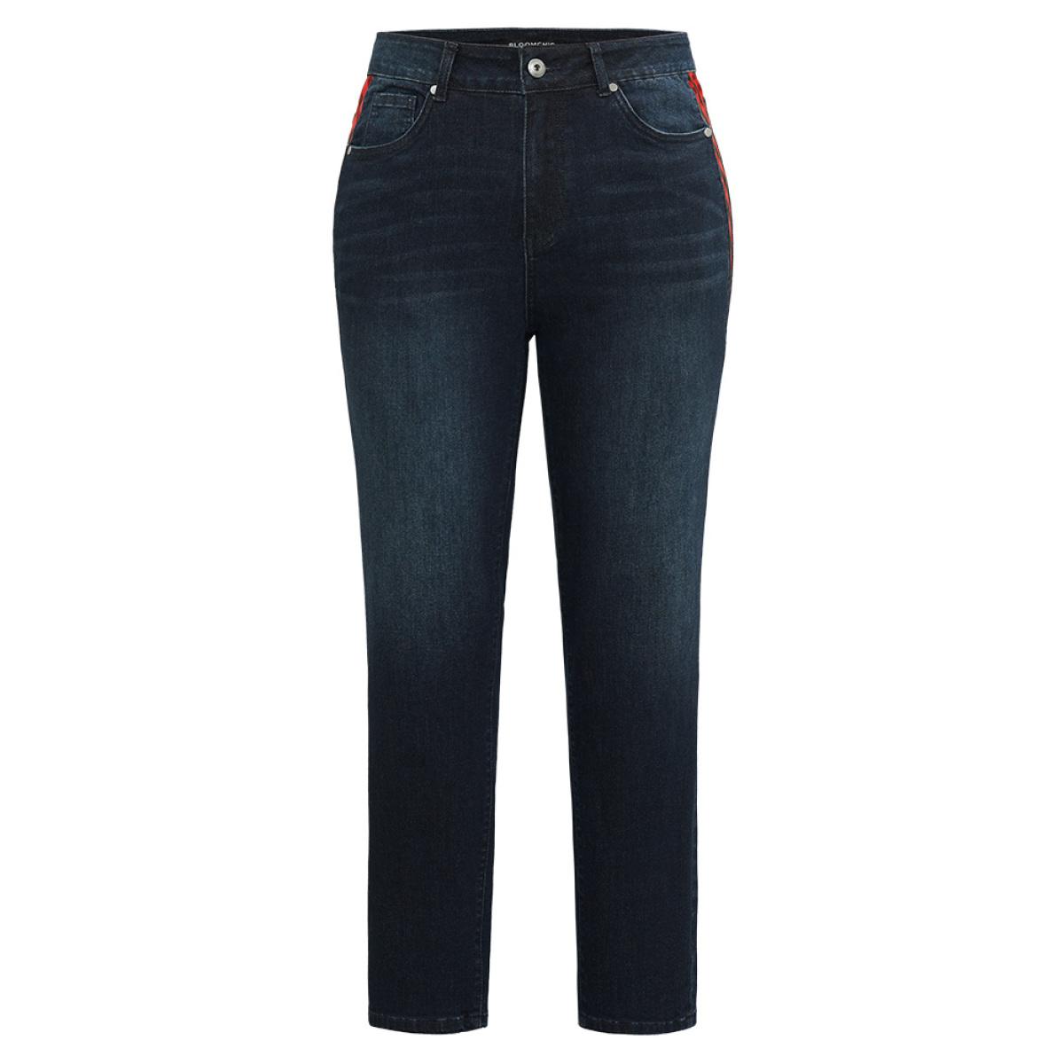 Plus Size Very Stretchy High Rise Dark Wash Embroidery Back Jeans Women DarkBlue Casual Plain Embroidered High stretch Jeans BloomChic 28/5X Product Image