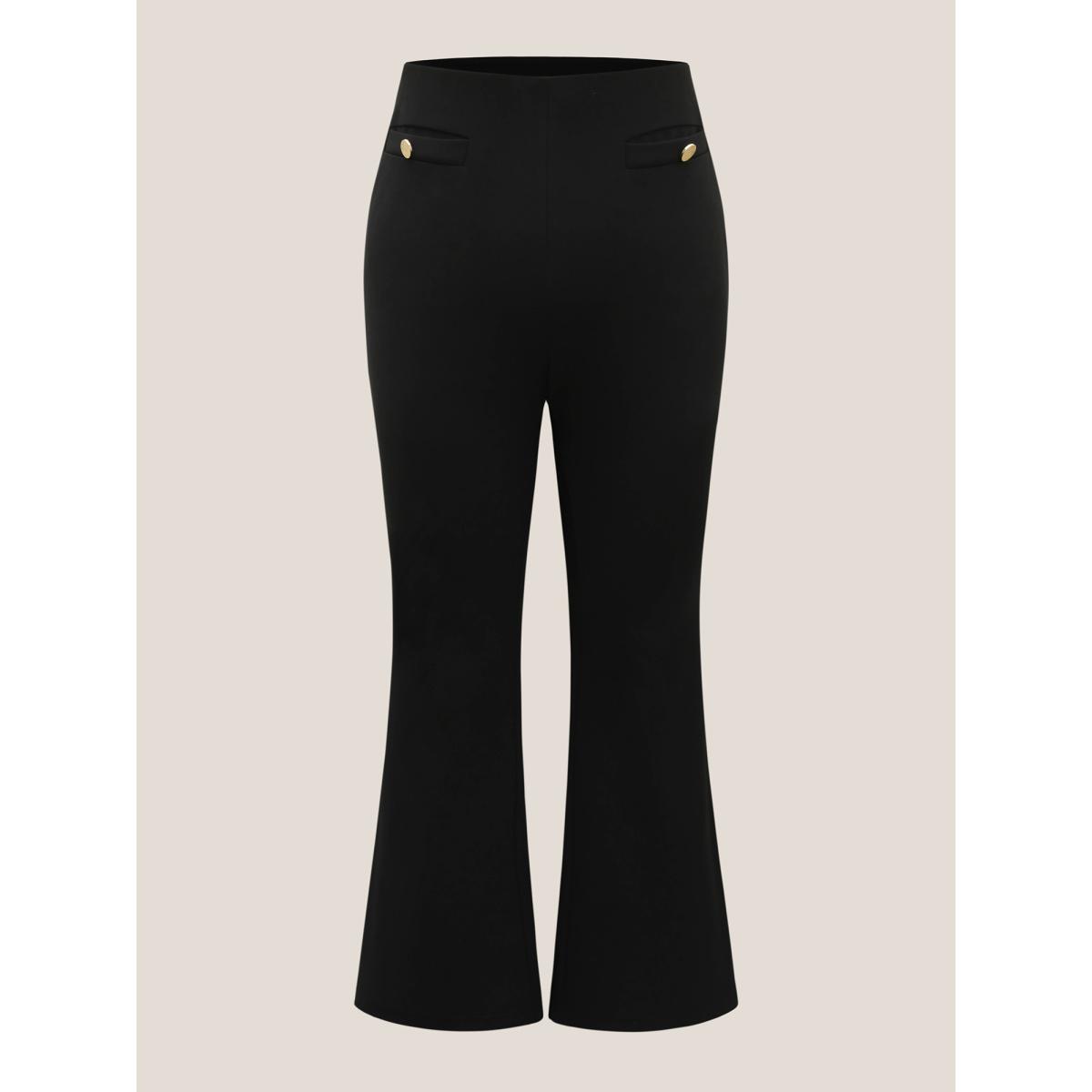 Plus Size Button Detail Anti-Seam Flared Pants Women Black At the Office Bootcut Mid Rise Work Pants BloomChic 12/L Product Image