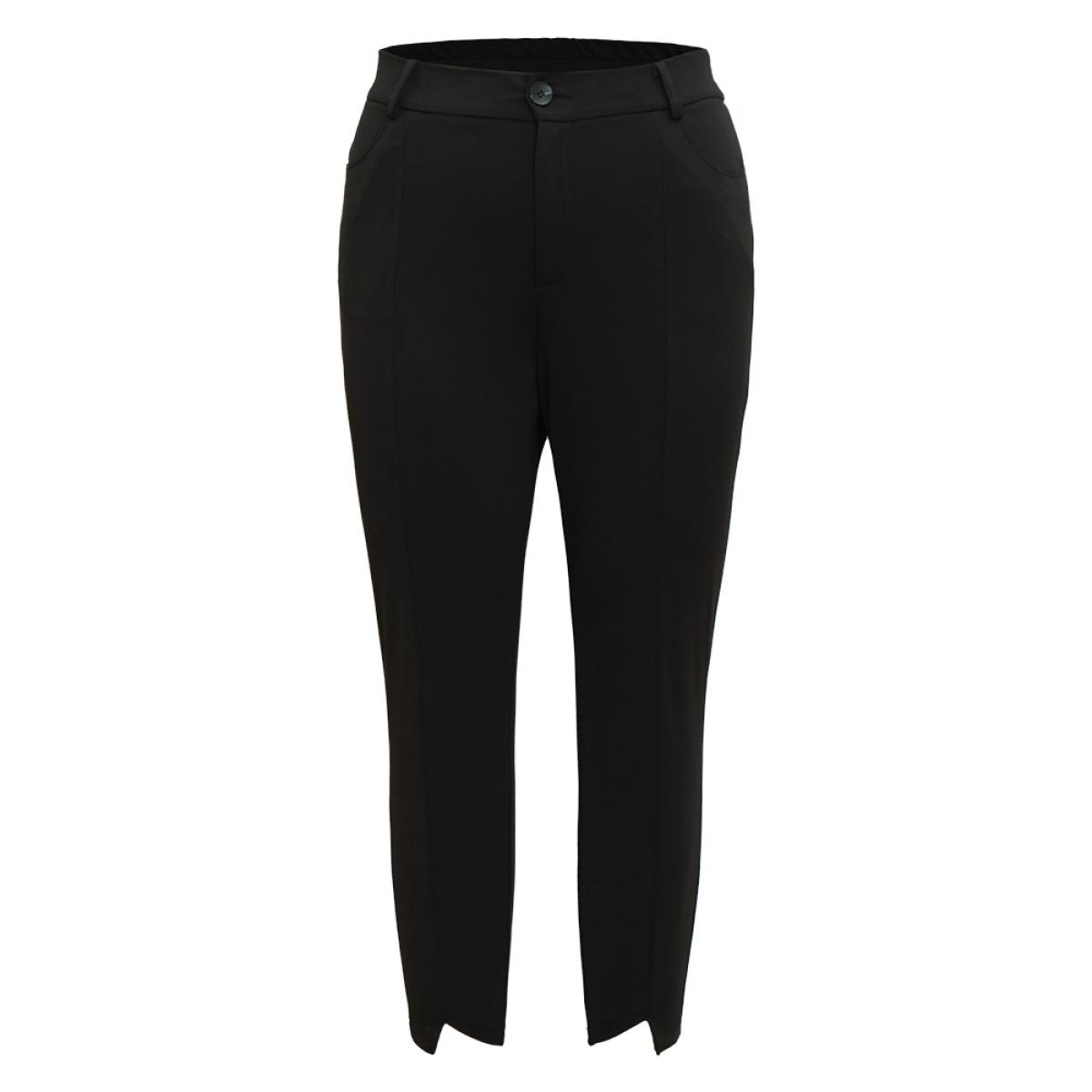 Plus Size Solid Asymmetrical Hem Pocket Ankle Pants Women Black Office Bodycon High Rise Office Pants BloomChic 18-20/2X Product Image