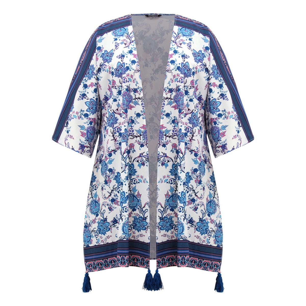 Plus Size Floral Print Tassels Trim Split Side Kimono Women Cerulean Casual Drape Pocket Dailywear Kimonos BloomChic 26/4X Product Image