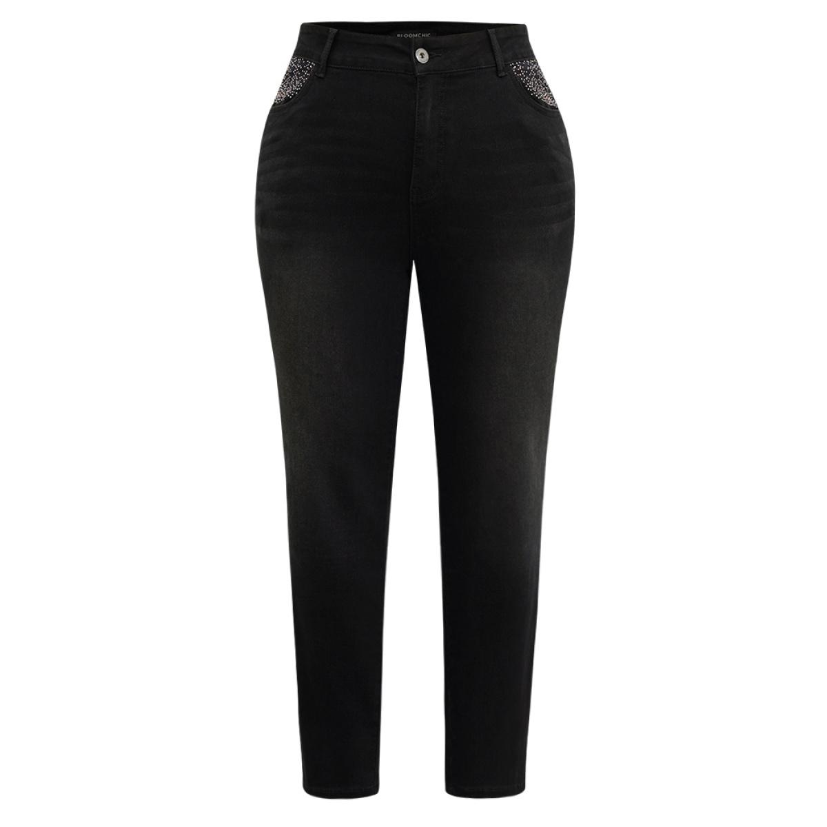Plus Size Rhinestone Detail Straight Leg Black Wash Jeans Women DimGray Casual Plain Rhinestone detailing High stretch Pocket Jeans BloomChic 10/M Product Image
