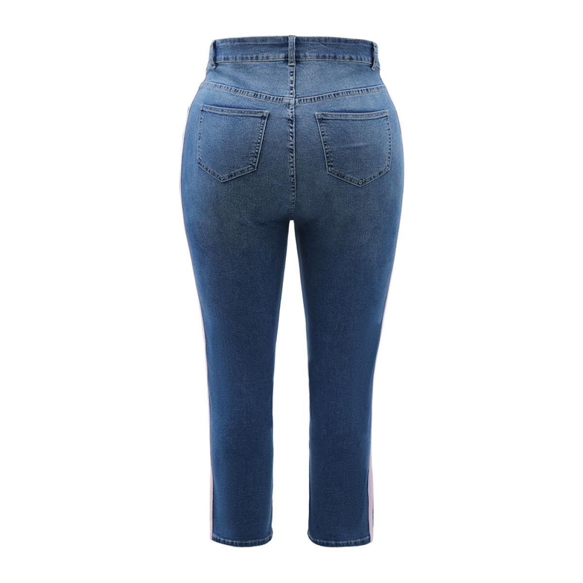 Plus Size Very Stretchy Medium Wash Contrast Striped Jeans Women Blue Casual Plain Patchwork High stretch Pocket Jeans BloomChic 10/M Product Image