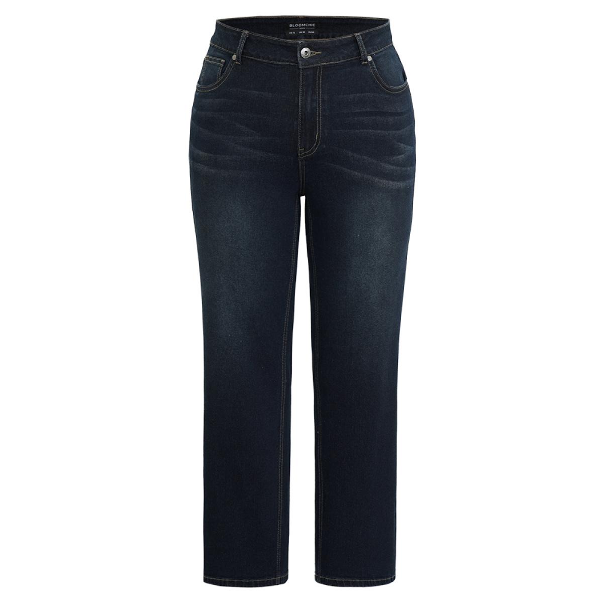 Plus Size Dark Wash Zipper Fly Straight Leg Jeans Women Midnight Casual Plain Plain High stretch Pocket Jeans BloomChic 12/L Product Image