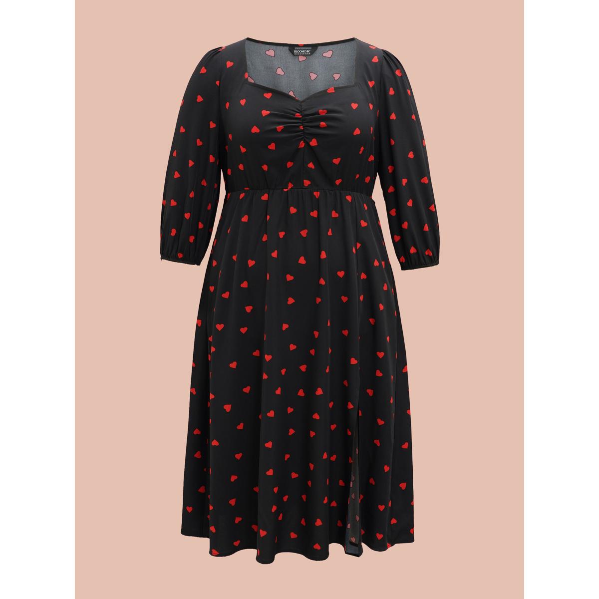 Plus Size Sweetheart Neckline Side Slit Midi Dress Black Women Elegant Gathered Heart neckline Elbow-length sleeve Curvy BloomChic 12/L Product Image