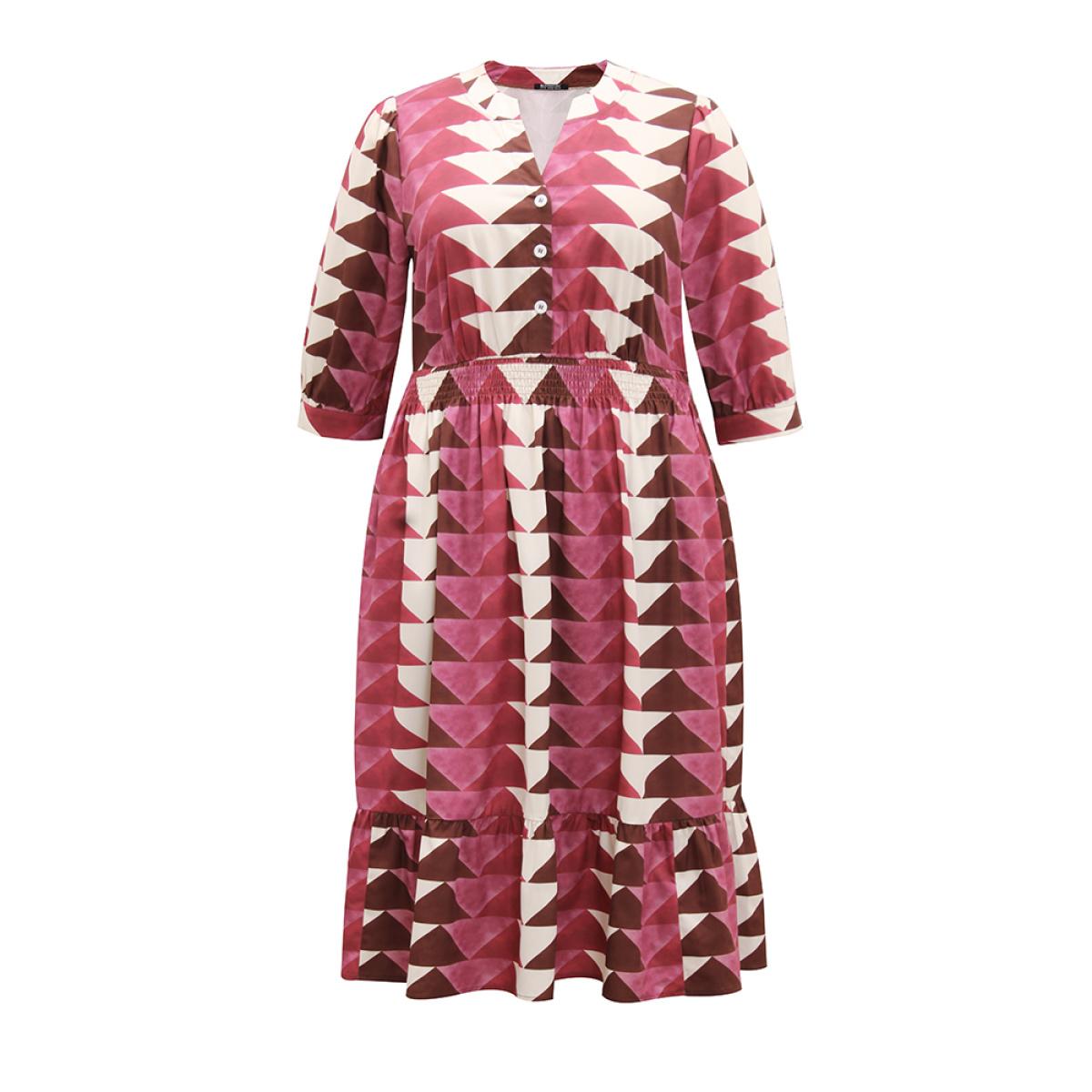 Plus Size Geometric Shirred Button Up Ruffle Hem Dress RedViolet Women Vacation Printed Notched collar Elbow-length sleeve Curvy Midi Dress BloomChic 28/5X Product Image