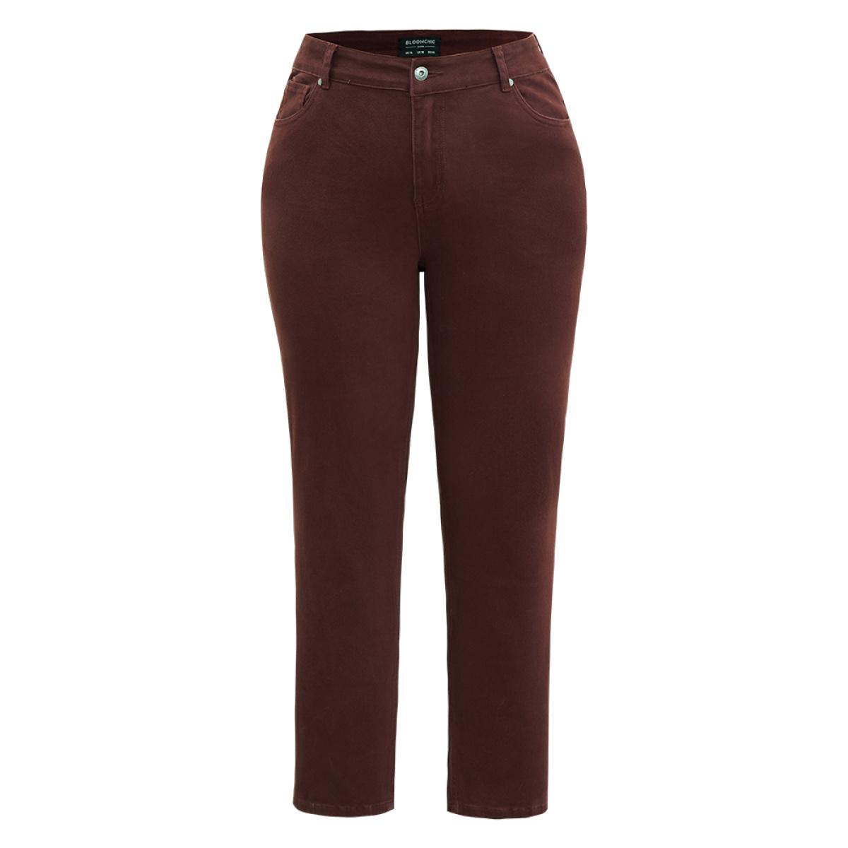 Plus Size Cotton Straight Leg High Rise Color Wash Jeans Women Maroon Casual Plain Plain High stretch Pocket Jeans BloomChic 30/6X Product Image