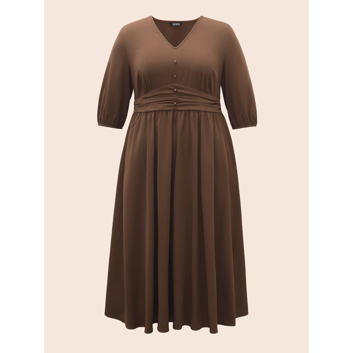 Plus Size V Neck Shirred Ruched Midi Dress DarkBrown Women Elegant Gathered V-neck Elbow-length sleeve Curvy BloomChic 26/4X Product Image