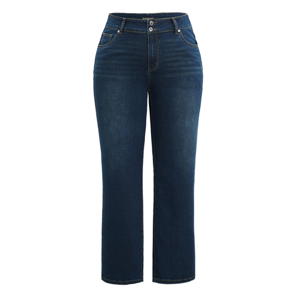 Plus Size Straight Leg Full Length Pocket Zipper Jeans Women Indigo Casual Plain Plain High stretch Pocket Jeans BloomChic 30/6X Product Image