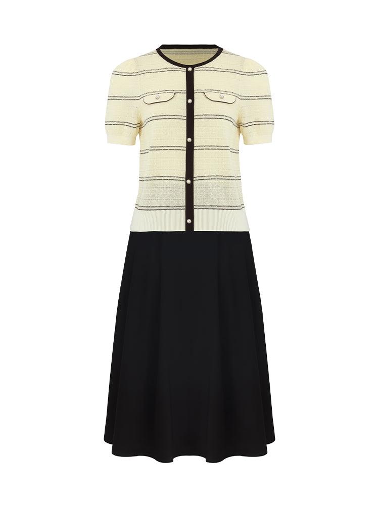 Contrast Trim Striped Knit Top And Half Skirt Two-Piece Set Product Image