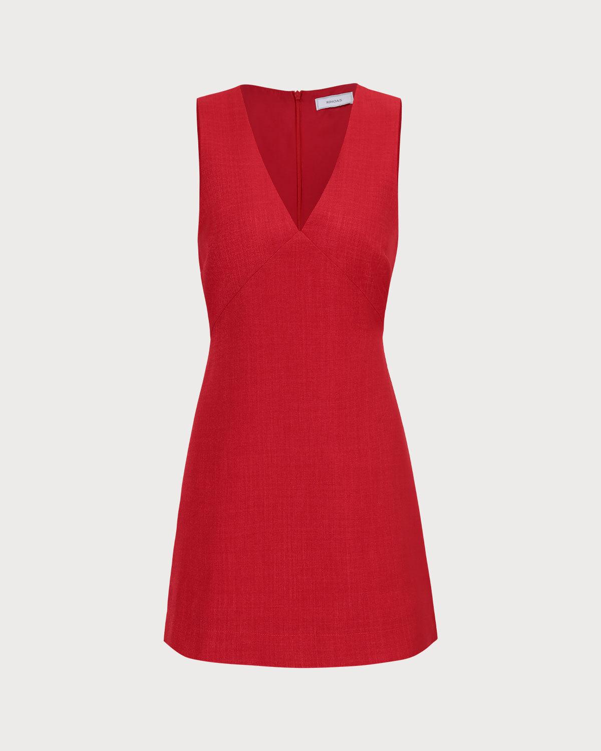 The Red V Neck Sleeveless Linen Mini Dress Product Image
