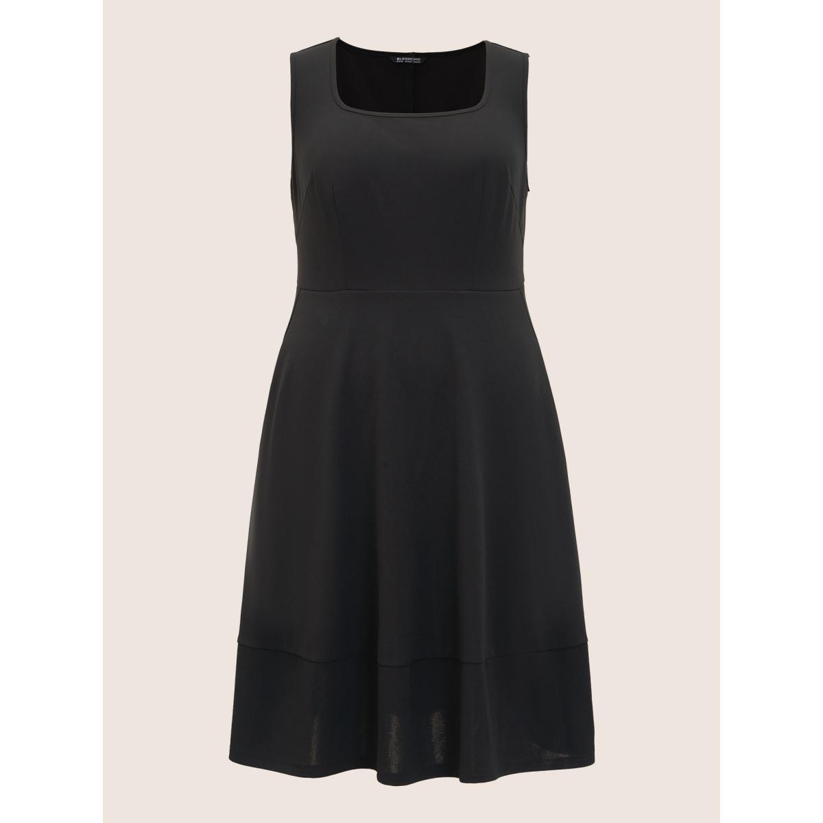 Plus Size Solid Pocket Sleeveless Ruffle Hem Tank Dress Black Women Workwear Essentials Non Round Neck Sleeveless Curvy Midi Dress BloomChic 10/M Product Image