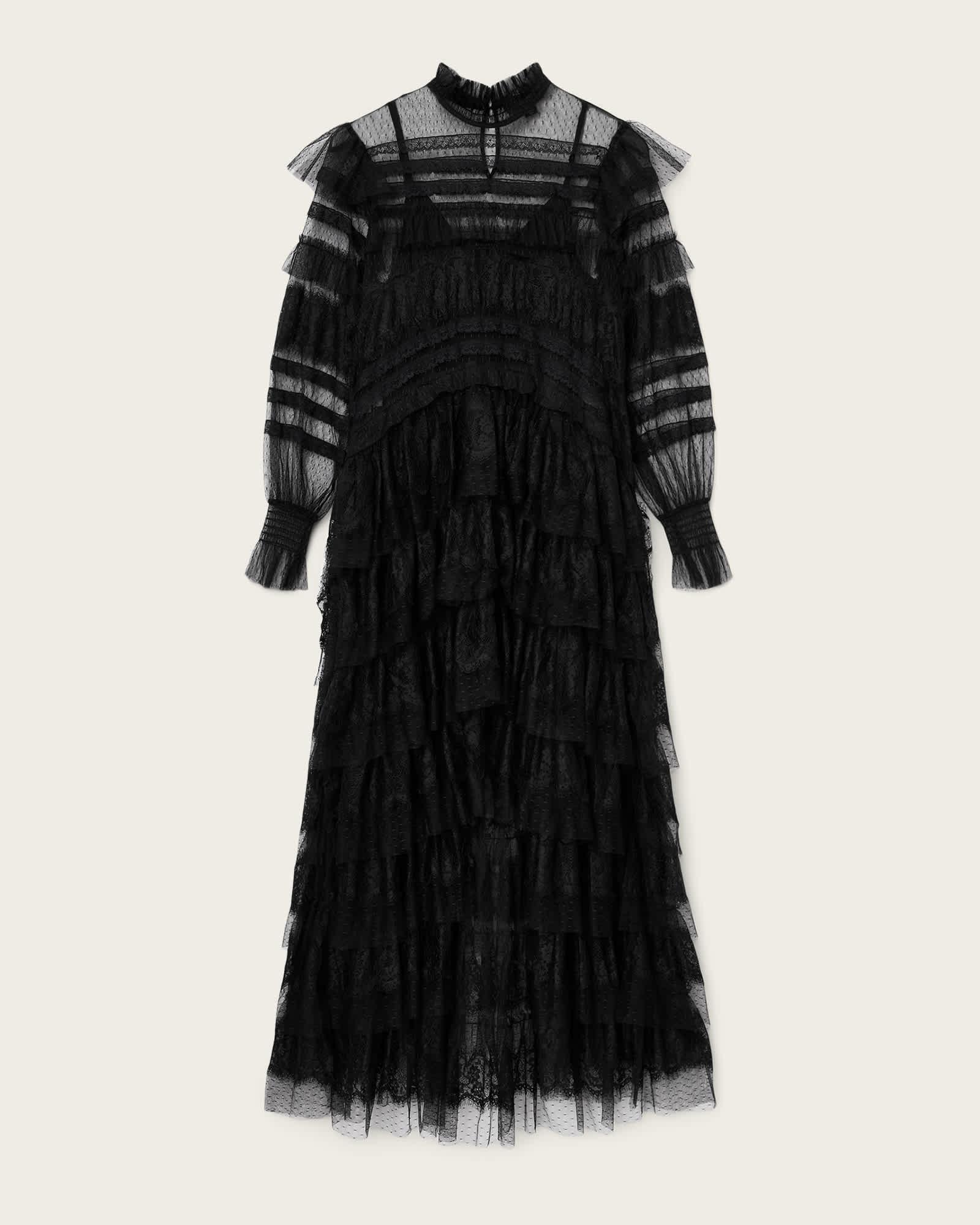 Cavarly Tiered Lace Maxi Dress LACE BLACK | ALLSAINTS US Product Image