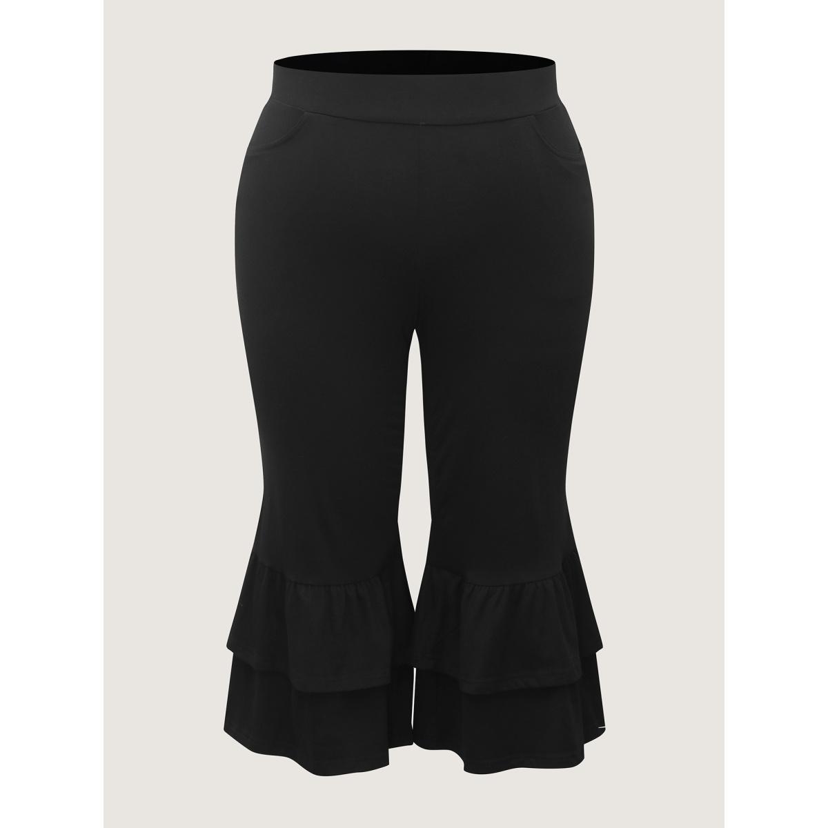 Plus Size Layered Ruffled Flare Hem Pants Women Black Romantic Bodycon Mid Rise Elegant Pants BloomChic 28/5X Product Image