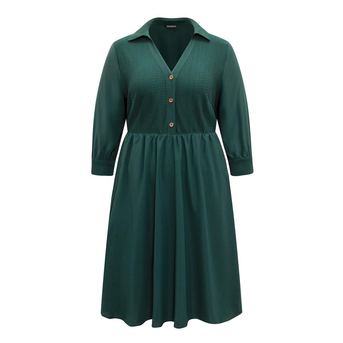 Plus Size Lapel Collar Elastic Waist Button Detail Midi Dress DarkGreen Women Work From Home Texture Lapel Collar Elbow-length sleeve Curvy Midi Dress BloomChic 22-24/3X Product Image
