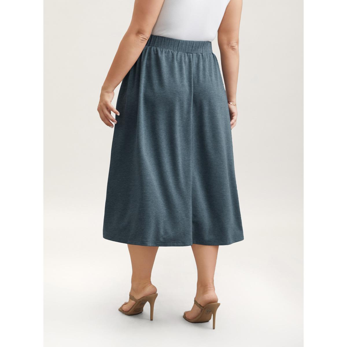 Plus Size Heather Stretchy-Waist Pleated Midi Skirt Women DarkSlateGray Elegant Gathered Medium stretch Slanted pocket Everyday Skirts BloomChic 18-20/2X Product Image