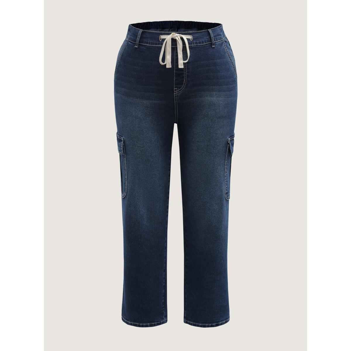 Plus Size Waist Drawstring Straight-Leg Jeans Women Bluevintage Leisure High stretch Slanted pocket Jeans BloomChic 26/4X Product Image