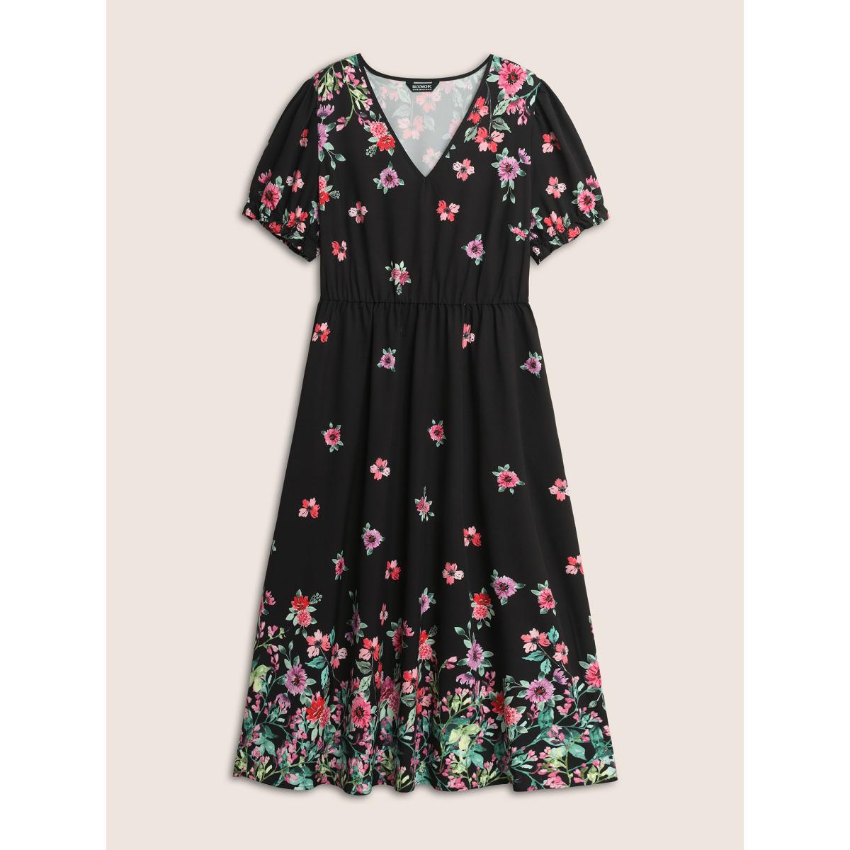 Plus Size Boho Print V Neck Elastic Waist Dress Black Women Elegant Gathered V-neck Short sleeve Curvy BloomChic 10/M Product Image