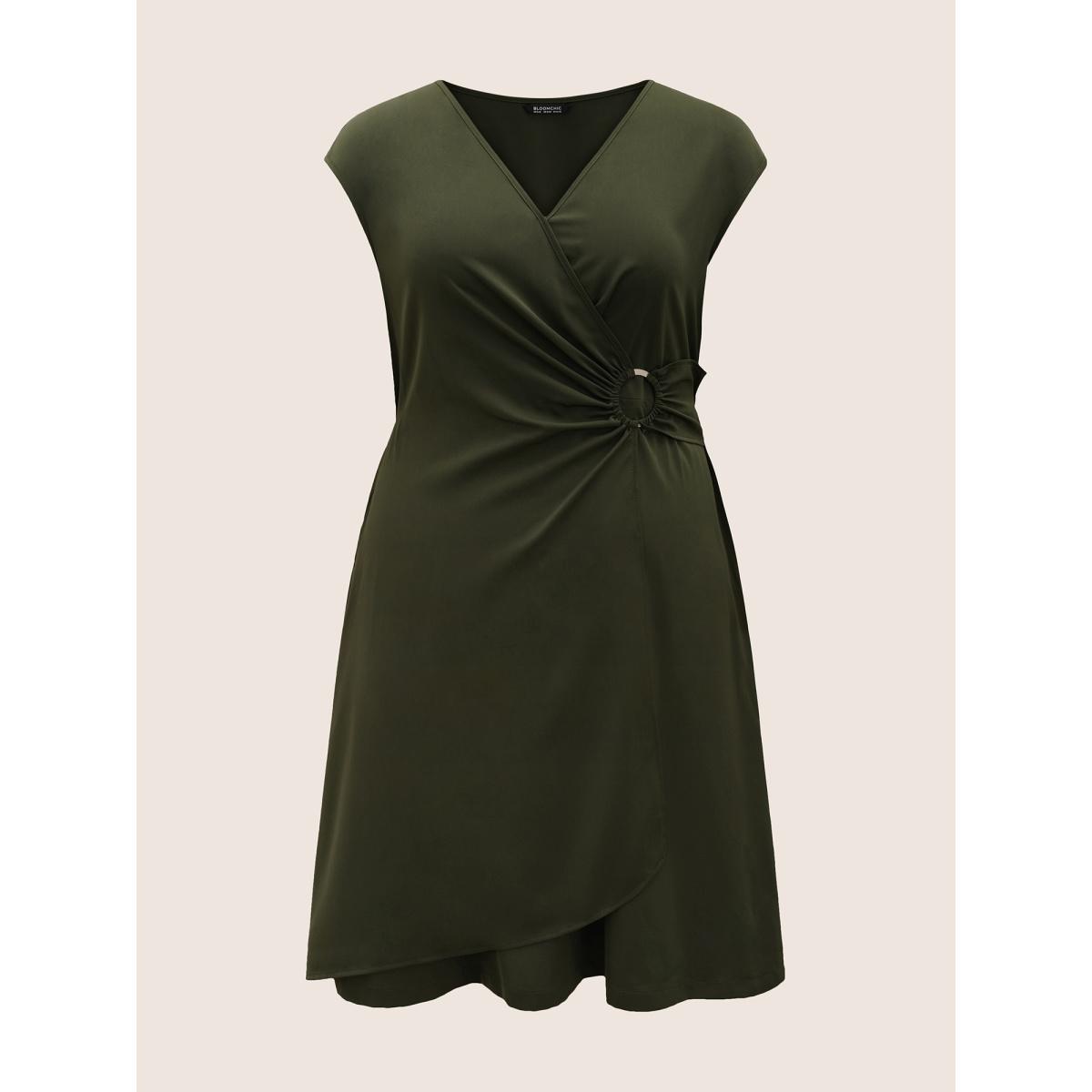 Plus Size Plain Buckle Detail Overlap Collar Cap Sleeve Dress ArmyGreen Women At the Office Overlapping Overlap Collar Cap Sleeve Curvy Midi Dress BloomChic 14-16/1X Product Image