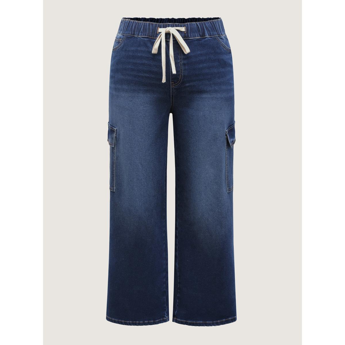 Plus Size Stretchy Waist Drawstring Wide-Leg Jeans Women Midblue Leisure Medium stretch Slanted pocket Jeans BloomChic 26/4X Product Image