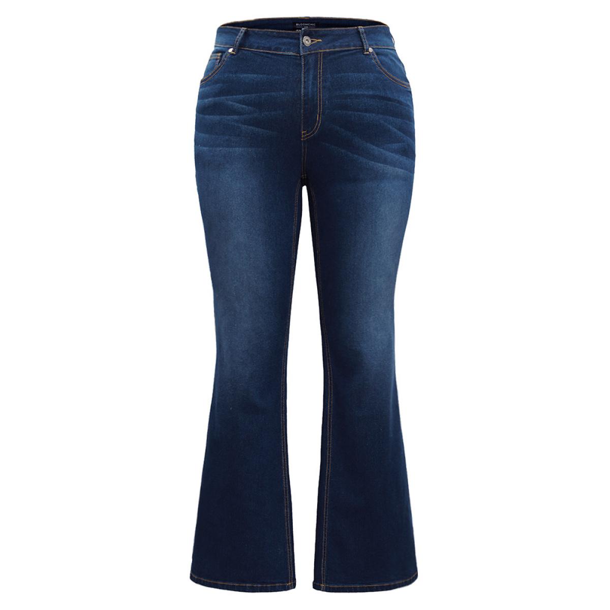 Plus Size Dark Wash Zipper Fly Flare Leg Jeans Women Indigo Casual Plain Plain High stretch Pocket Jeans BloomChic 20/2X Product Image