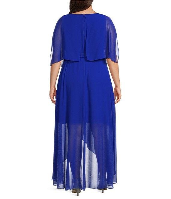 Jessica Howard Plus Size Short Sleeve Crew Neck Tie Waist Chiffon Hi-Low Maxi Dress Product Image