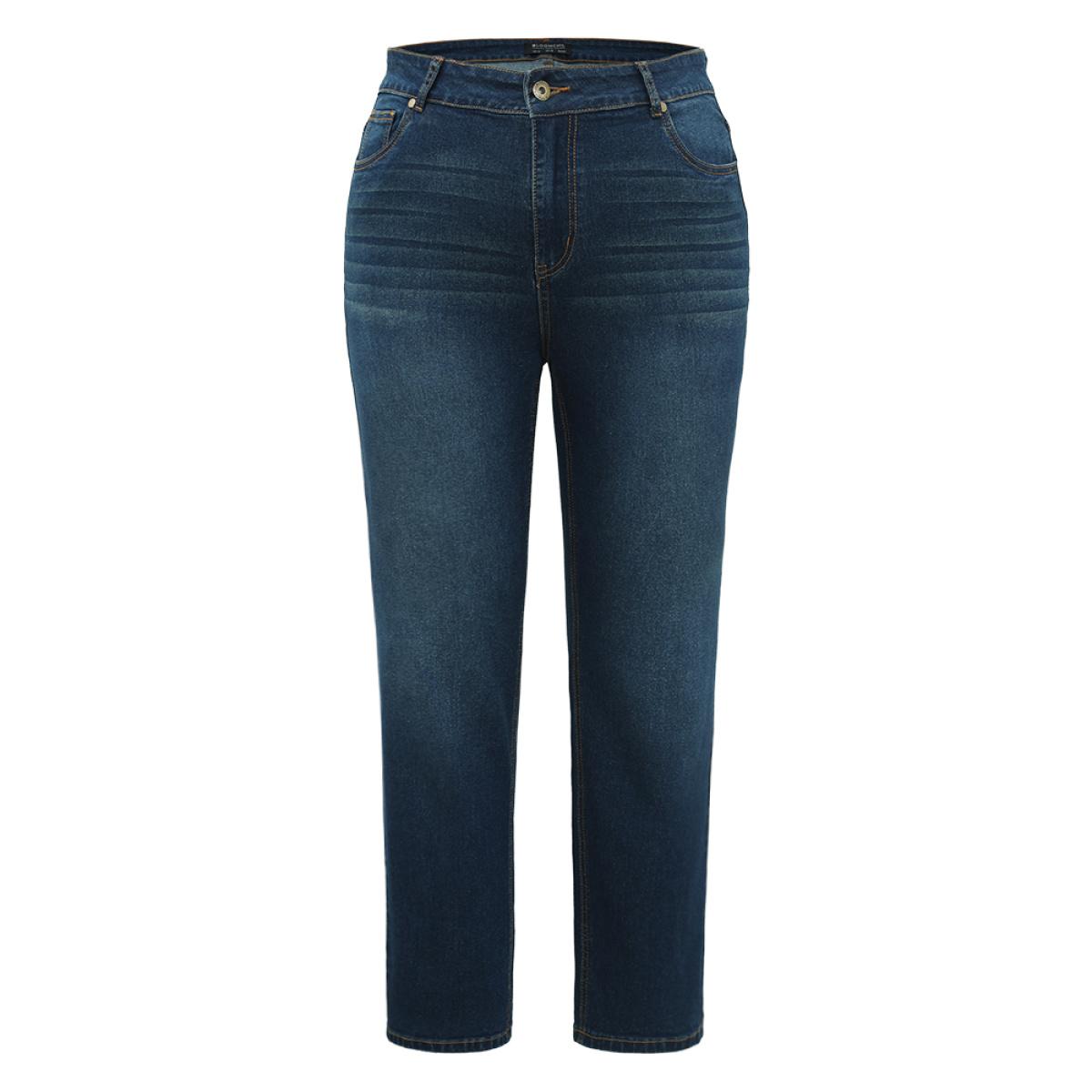 Plus Size Plain Straight Leg Zipper Fly Jeans Women Indigo Casual Plain Pocket High stretch Pocket Jeans BloomChic 24/3X Product Image