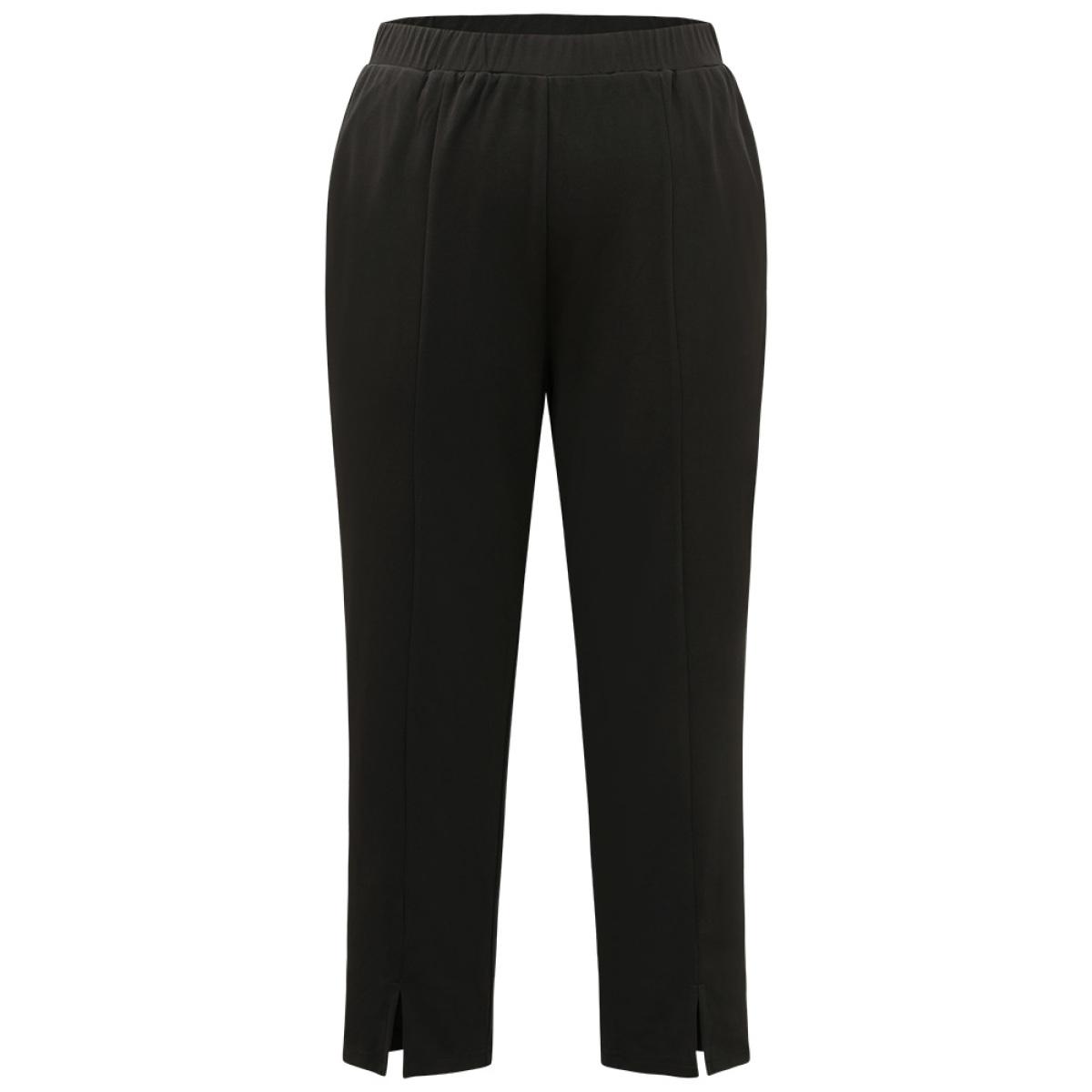 Plus Size Plain Split Hem Pocket Elastic Waist Pants Women Black At the Office High Rise Office Pants BloomChic 10/M Product Image